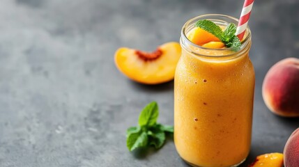 Fototapeta premium Close-up of a peach smoothie in a glass bottle with fresh peach slices, mint leaves, and a striped paper straw