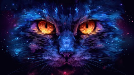 A vibrant, cosmic depiction of a cat's face with glowing orange eyes and a starry background.