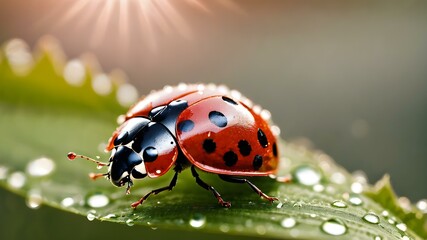 Fototapeta premium Ladybug on a dewy leaf with water droplets sparkling in the sunlight