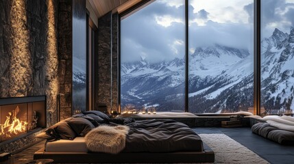 Luxurious bedroom in a mountain lodge with a fireplace, fur throws, and a view of snow-covered peaks