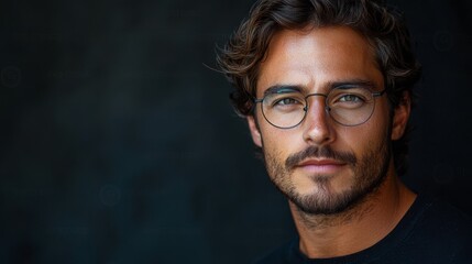 Obraz premium A close-up portrait of a man with glasses and tousled hair against a dark background, showcasing a thoughtful expression and casual demeanor