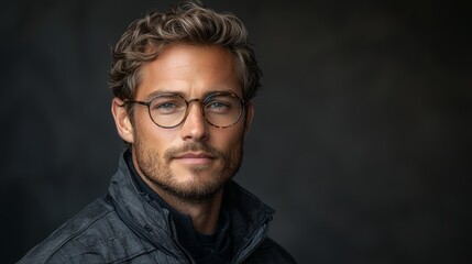 Obraz premium Thoughtful man with curly hair and glasses poses against a dark background in a stylish jacket during indoor lighting