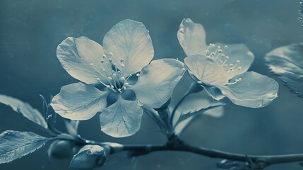 Cyanotype prints of daffodils flower, copy space, modern art, abstract artwork, abstract background, aesthetic wallpaper, abstract landscape 