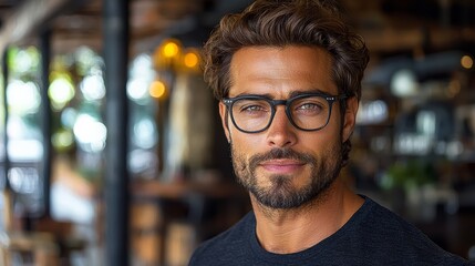 Obraz premium A confident young man with glasses poses thoughtfully in a stylish cafe during the morning hours