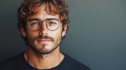 Obraz premium Young man with curly hair and glasses poses against a neutral background with a confident expression, showcasing personal style and charisma