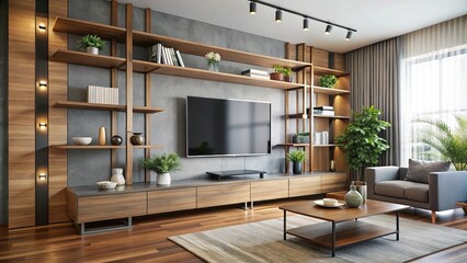 Modern sleek wall-mounted TV stand with sleek wooden shelves and metallic accents holding a large flat-screen television in a spacious living room setting.