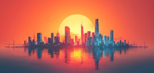 A stunning futuristic city skyline is illuminated by a vibrant sunset. The water reflects colorful hues, creating a serene yet dynamic atmosphere that captivates viewers. Futuristic Urban Landscape