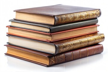 Stack of antique hardcover books with ornate design bindings against white background