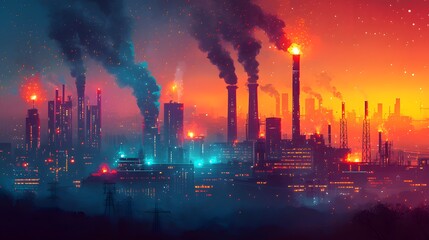 Obraz premium A stunning energy hub with neon-lit power plants, fiery smokestacks, and vibrant colors. Solid backdrop, energetic atmosphere evoking industrial power and transformation. Futuristic Urban Landscape