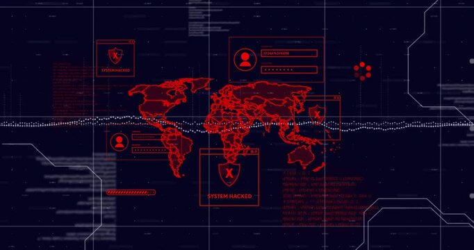 Global cybersecurity breach animation over world map with system hacked alerts