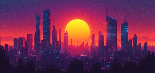 Fototapeta premium The image portrays a luminous metropolis at sunset, featuring skyscrapers illuminated in vibrant hues. A large sun casts a warm glow, enhancing the enchanting ambiance. Futuristic Urban Landscape