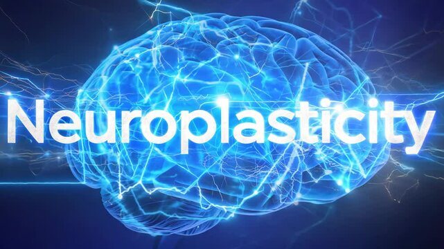 Video with the dynamic word Neuroplasticity is superimposed on a digital image of the brain, illustrating the concept of brain flexibility and neural connections.