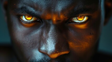 Naklejka premium Dramatic close-up of a man's face with intense, glowing eyes, creating a powerful and captivating visual impact. The warm light highlights his intense expression, evoking a sense of mystery and depth.