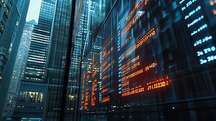 A digital stock market ticker scrolling across a building facade, showing changing prices and indexes