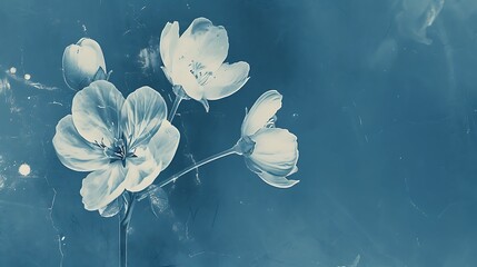 Cyanotype prints of daffodils flower, copy space, modern art, abstract artwork, abstract background, aesthetic wallpaper, abstract landscape 