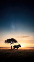 A rhinoceros roaring under a starry night sky, its silhouette imposing against the backdrop of the Milky Way.