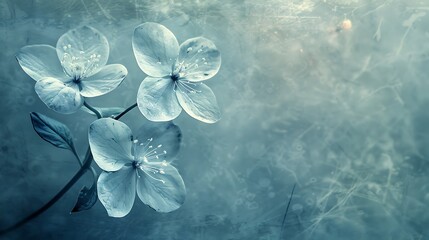 Cyanotype prints of daffodils flower, copy space, modern art, abstract artwork, abstract background, aesthetic wallpaper, abstract landscape 