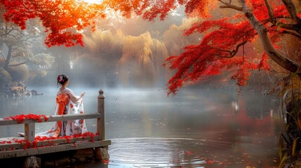 Tranquil Morning with Geisha Serene Woman Amidst Autumn Colors in Traditional Japanese Garden