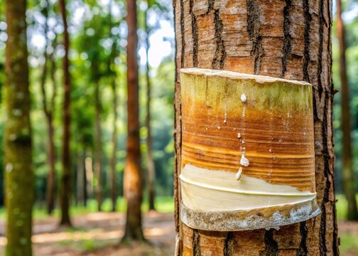 Natural beige latex sap oozes from incision in tall, slender tree trunk, highlighting sustainable harvesting process of chicle, a natural adhesive and chewing gum base.