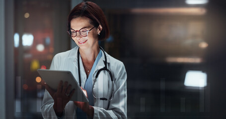Night, woman and doctor with tablet, typing and online reading for schedule, hospital and digital...