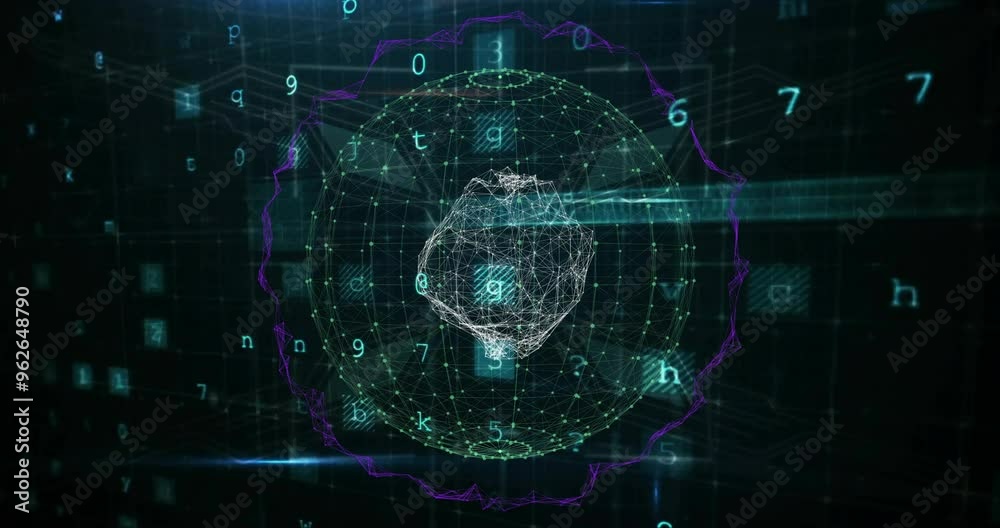 Poster warning text animation over digital globe with numbers and network connections