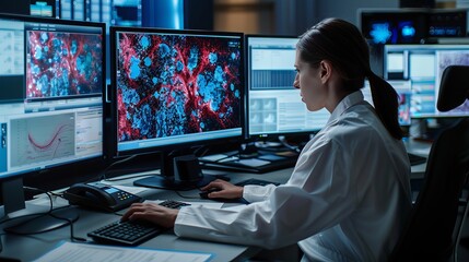 Naklejka premium Crime Prevention Expert Analyzing Blood Samples at Forensic Lab from Recent Crime Scene