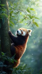 A red panda climbing a tree in a lush forest with dappled sunlight and rich green foliage all around.