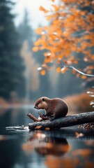 A beaver building a dam with logs and branches in a peaceful river, showcasing its industrious nature amidst a tranquil forest setting.