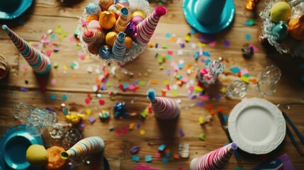 A festive table setting with colorful decorations, party hats, and treats for celebration.