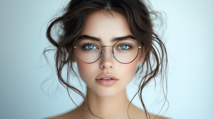 Fototapeta premium A young woman with blue eyes and tousled hair wears round glasses against a simple light backdrop, showcasing her natural beauty