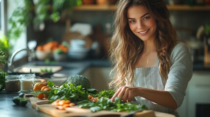 Woman cooking a healthy meal in a modern kitchen, chopping vegetables with a smile, fresh ingredients laid out on the counter, bright and cozy atmosphere,