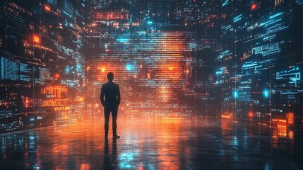 business professional standing and analyzing futuristic data information on virtual screen with technology graphics in a digital background