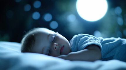 A baby peacefully sleeping under a night sky with a glowing full moon, surrounded by a serene, dreamy atmosphere.