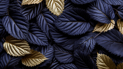A collection of dark green and golden leaves forms an intricate pattern on the ground, showcasing the beauty of autumn foliage with a unique color contrast - Generative AI