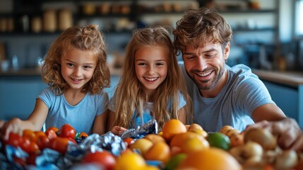 Fototapeta premium Young family separating recyclables at home, teaching children the importance of sustainability, kitchen setting,