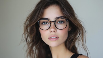 Obraz premium Young woman with glasses posing against a neutral background while showcasing a natural makeup look and relaxed hairstyle
