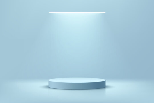 3D blue round podium background with glowing ceiling neon lighting. Abstract composition minimalist design. 3D Studio display showroom cosmetic product pedestal, Fashion stage showcase mockup scene.