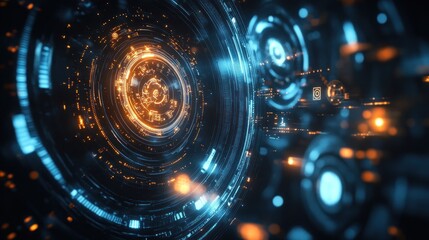 Obraz premium A futuristic digital landscape featuring glowing blue and orange circular elements.
