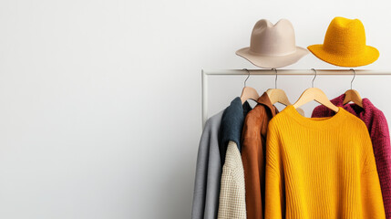 Colorful coats and sweaters hanging on a rack, topped with two stylish hats, against a minimalistic white background.