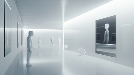 A futuristic gallery showcasing digital art with humanoid figures and a minimalist design.