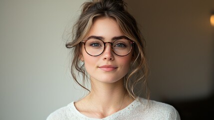 Young woman with glasses poses in a cozy indoor setting during natural daylight, showcasing a relaxed and approachable vibe