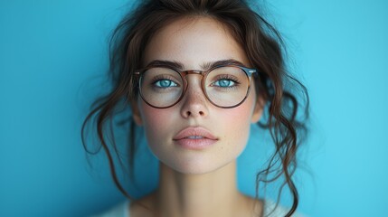 Obraz premium A young woman with blue eyes and curly hair poses against a vibrant blue background while wearing stylish glasses