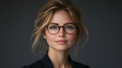 Fototapeta premium A young woman with glasses poses confidently against a dark background showcasing a natural makeup look and stylish hair