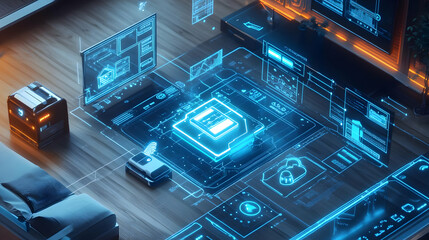 Futuristic Smart Home Illustration with Blue Glowing Interfaces