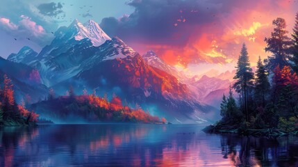 A serene landscape featuring majestic mountains, a reflective lake, and vibrant sunset colors.