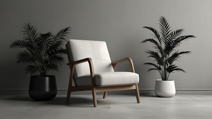 Fototapeta premium A light beige armchair sits between two potted palm trees in a gray room, creating a serene and stylish space 