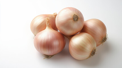 Fototapeta premium A cluster of five fresh whole onions, with light brown skins, displayed on a plain white surface.
