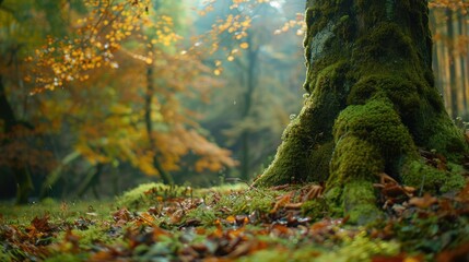 Autumn setting: Overgrown moss-covered tree trunk, natural forest scenery in fall season for...