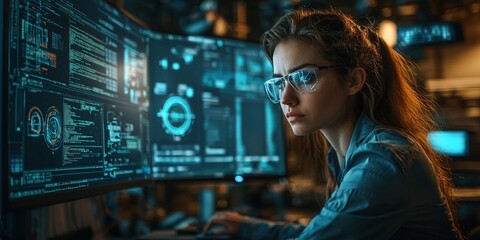 engineer technician working with coding and robotic machinery systems for manufacturing innovation and automation led by female programmer