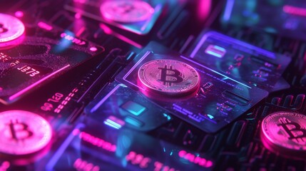 A visually engaging digital composition featuring Bitcoins and electronic components, highlighted with neon colors. This futuristic representation underscores the integration of cryptocurrency in the